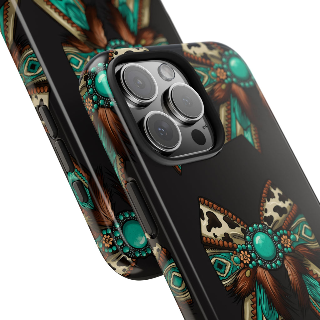 Turquoise Western Bow Tough Phone Case – Cowhide, Feathers & Bead Pattern
