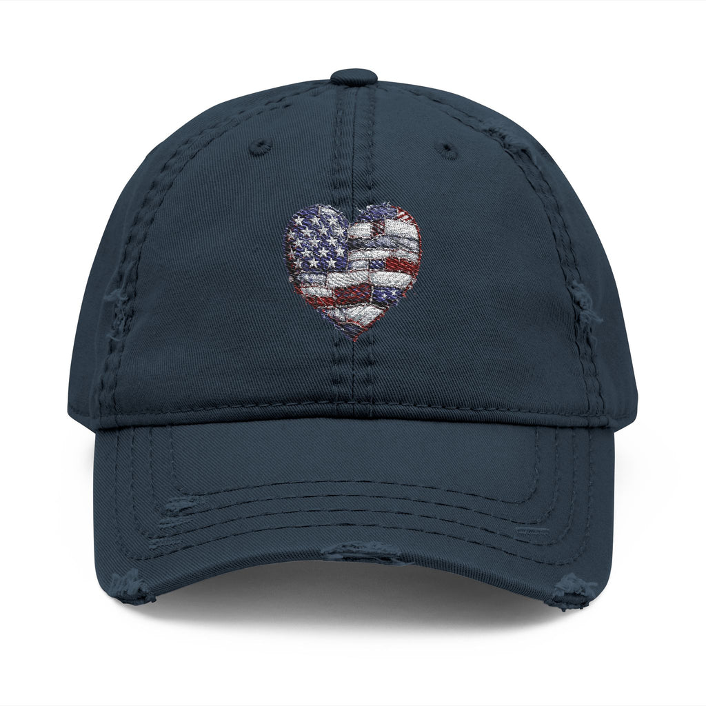 Patriotic Distressed Dad Hat — Embroidered American Flag Heart