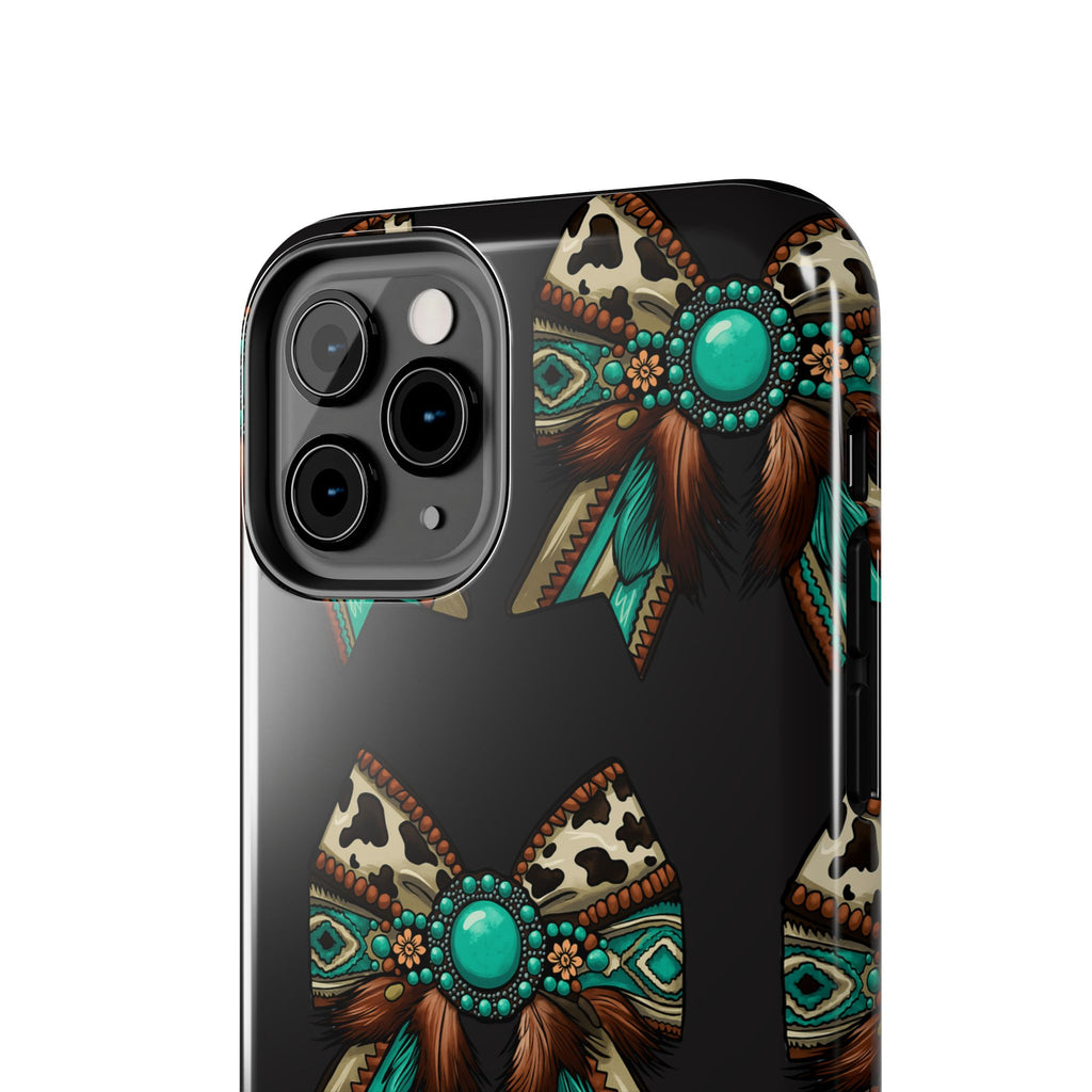 Turquoise Western Bow Tough Phone Case – Cowhide, Feathers & Bead Pattern
