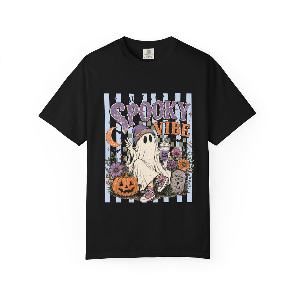 Spooky Vibe Ghost Tee — Halloween Pumpkin Graveyard Graphic T-Shirt