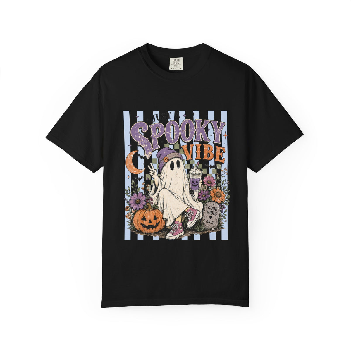 Spooky Vibe Ghost Tee — Halloween Pumpkin Graveyard Graphic T-Shirt