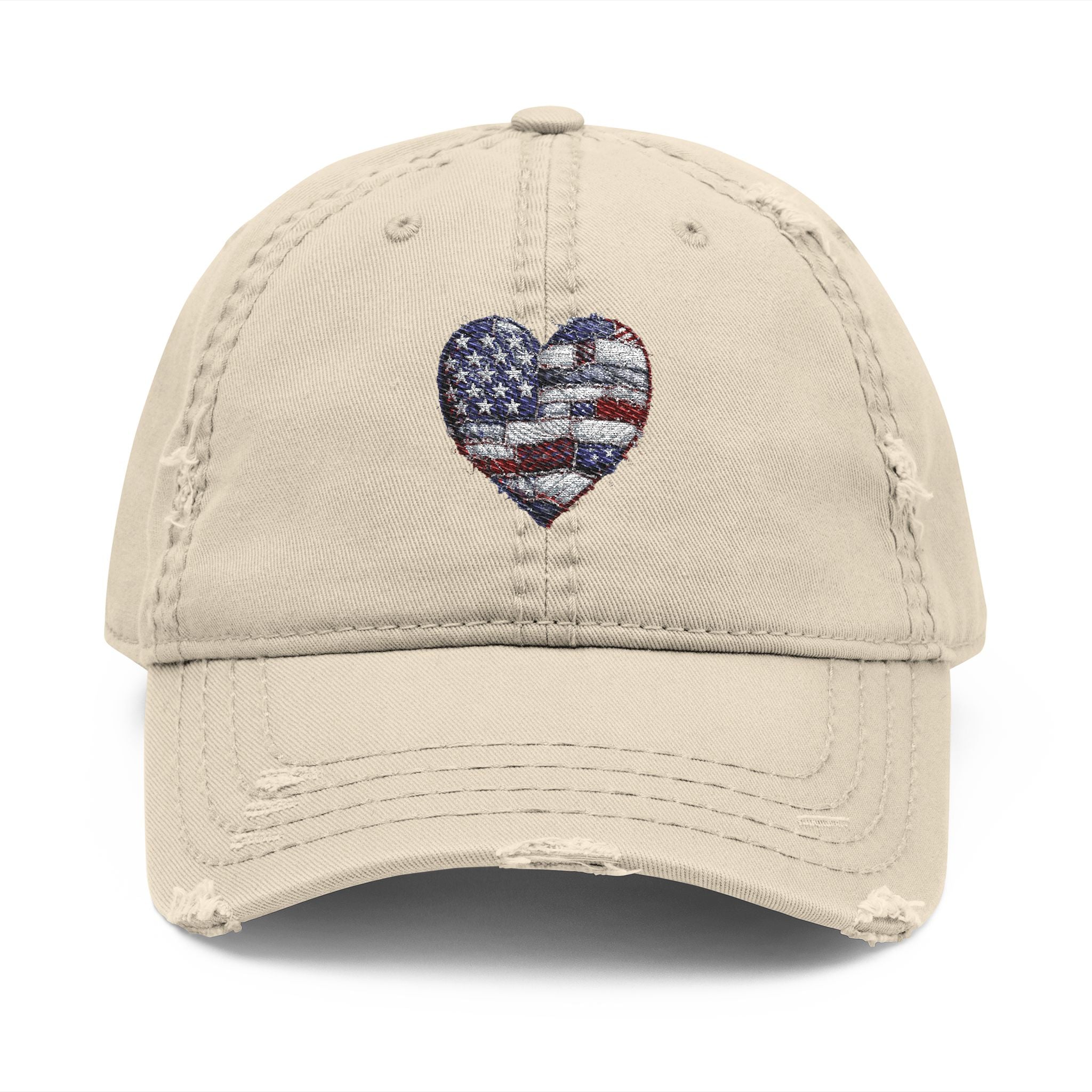 Patriotic Distressed Dad Hat — Embroidered American Flag Heart