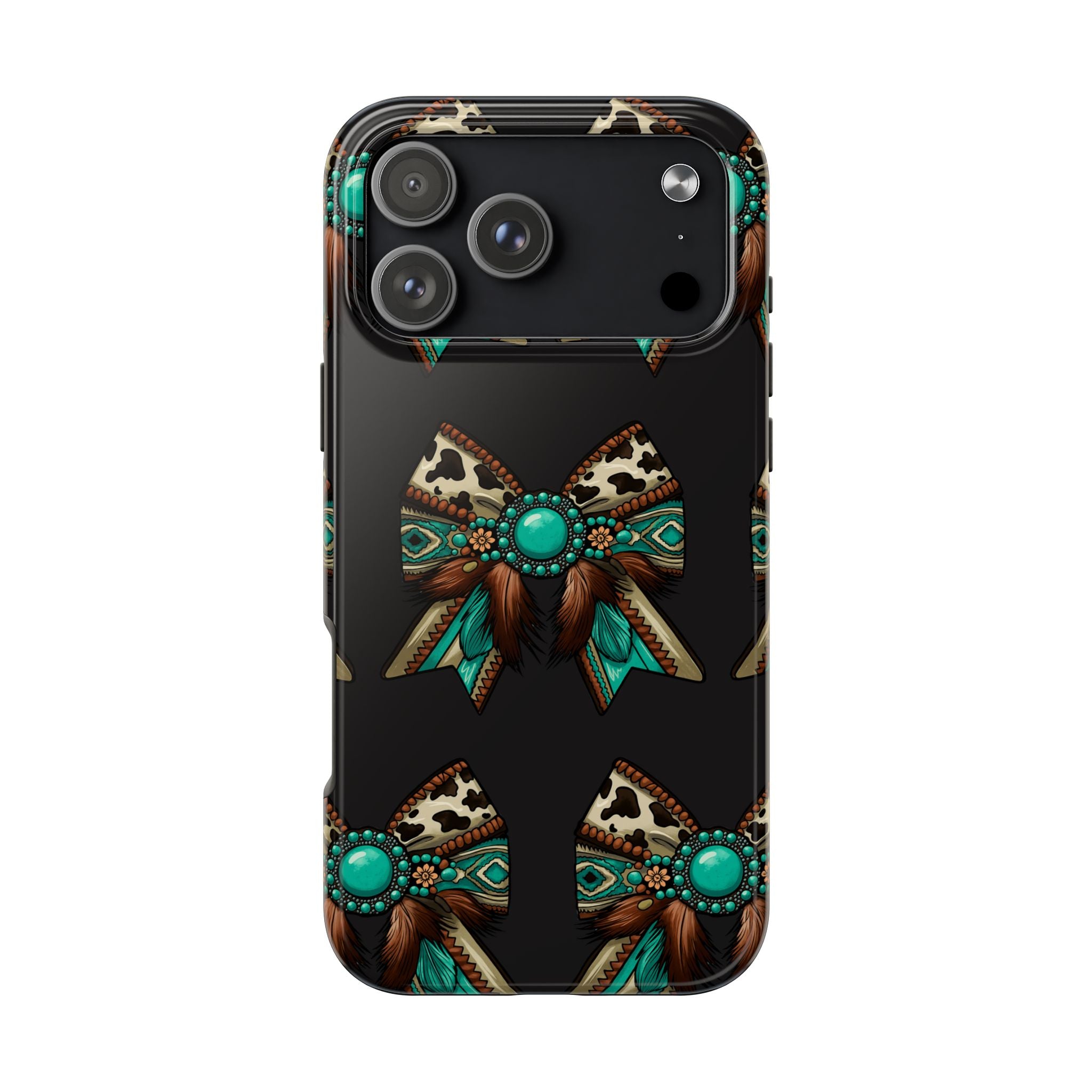 Turquoise Western Bow Tough Phone Case – Cowhide, Feathers & Bead Pattern
