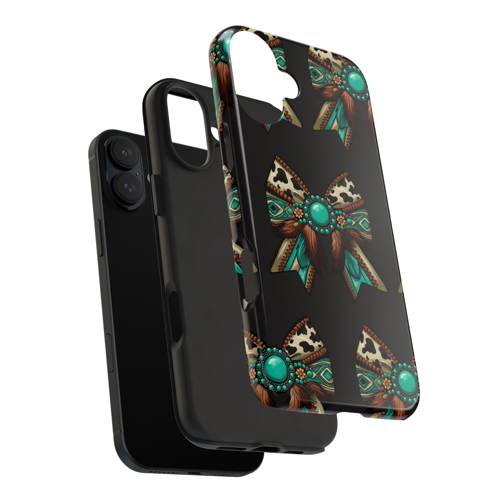 Turquoise Western Bow Tough Phone Case – Cowhide, Feathers & Bead Pattern