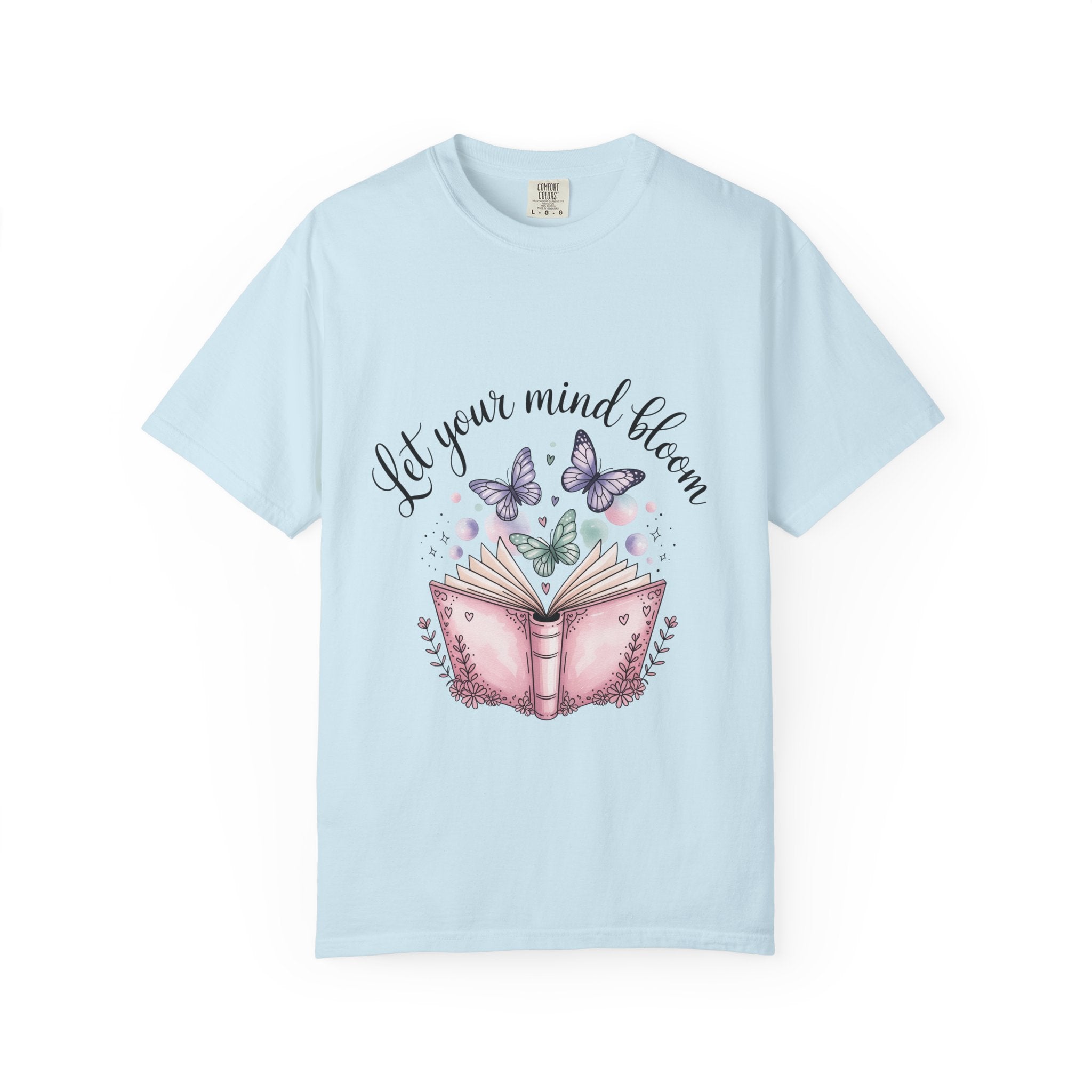 T-Shirt — “Let Your Mind Bloom” Book & Butterflies Graphic Tee