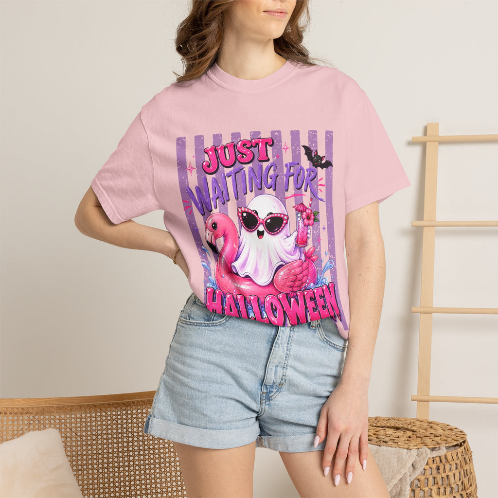Just Waiting for Halloween T-Shirt — Cute Flamingo Ghost Halloween Tee