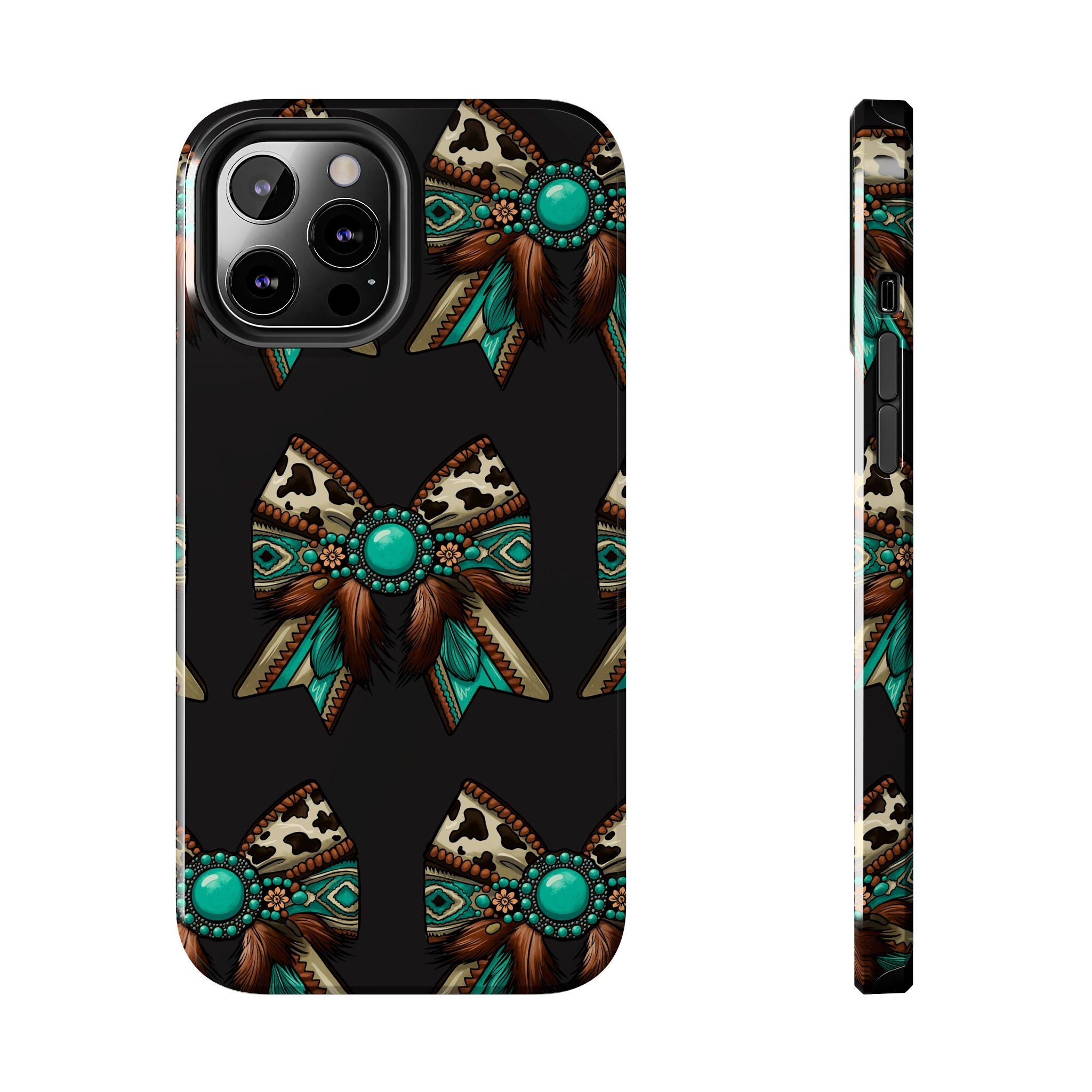 Turquoise Western Bow Tough Phone Case – Cowhide, Feathers & Bead Pattern