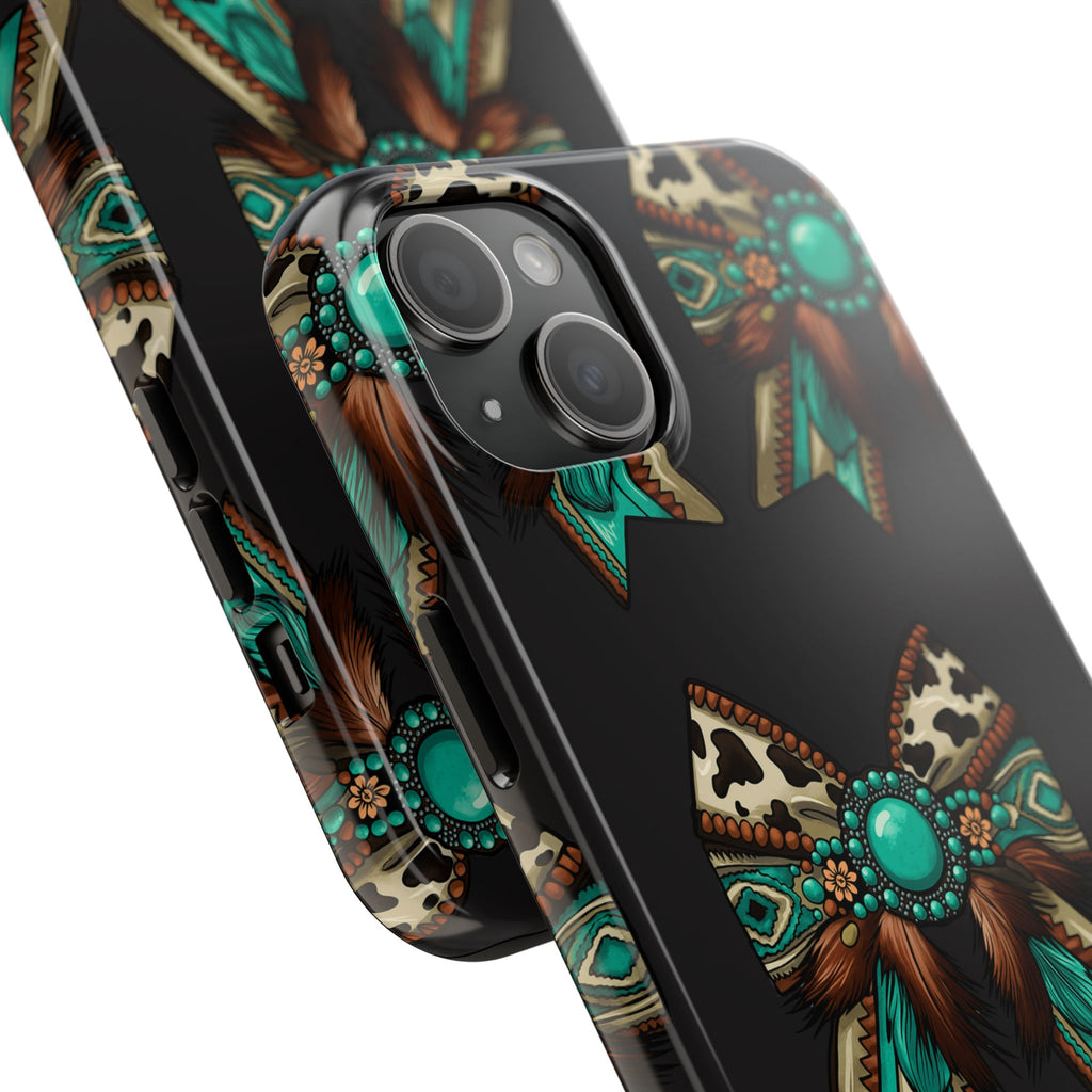 Turquoise Western Bow Tough Phone Case – Cowhide, Feathers & Bead Pattern