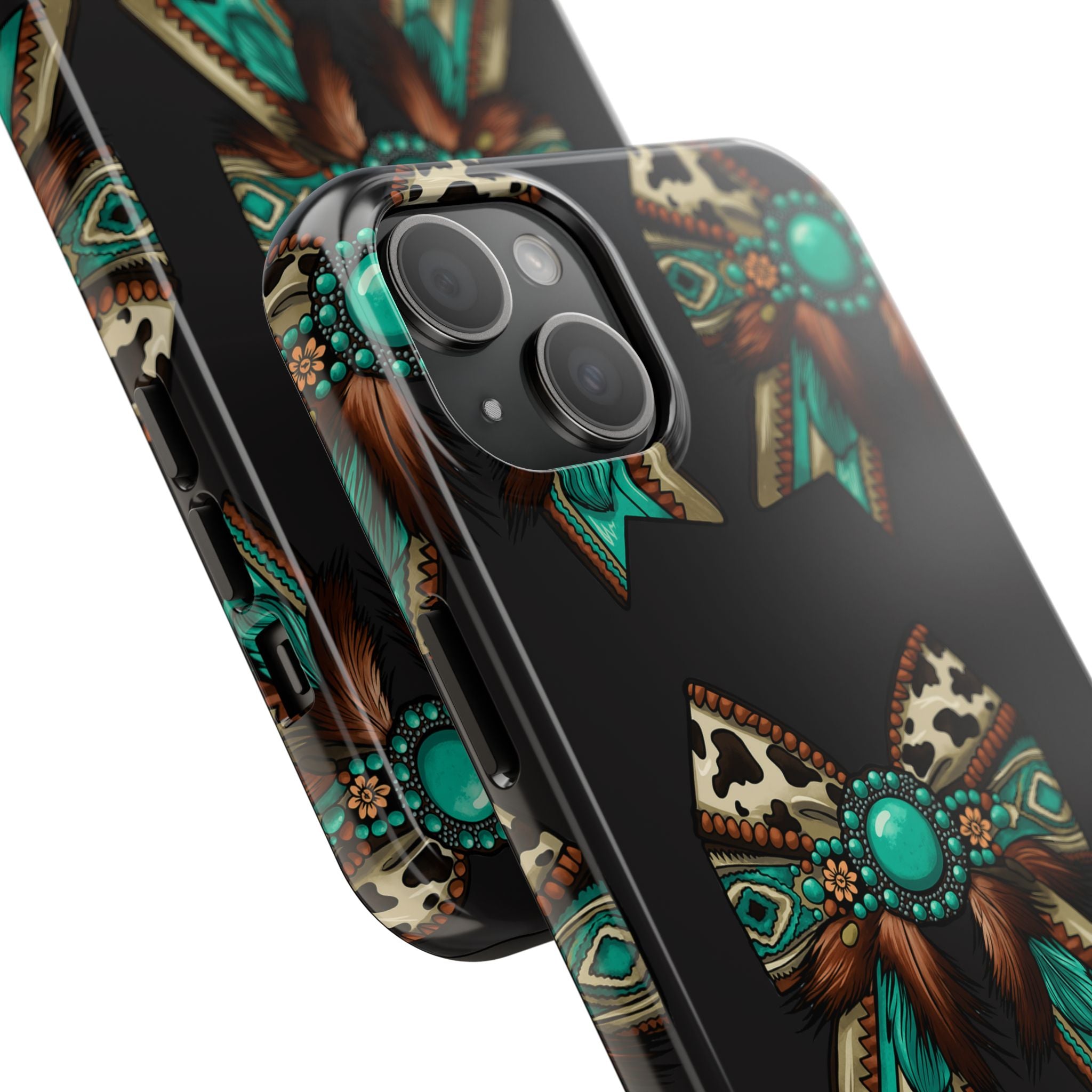 Turquoise Western Bow Tough Phone Case – Cowhide, Feathers & Bead Pattern