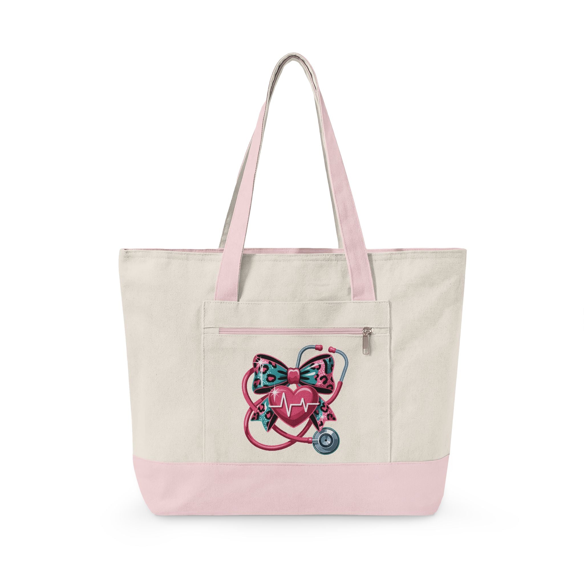 Nurse Heart Stethoscope Canvas Tote — Zippered Medical Tote Bag