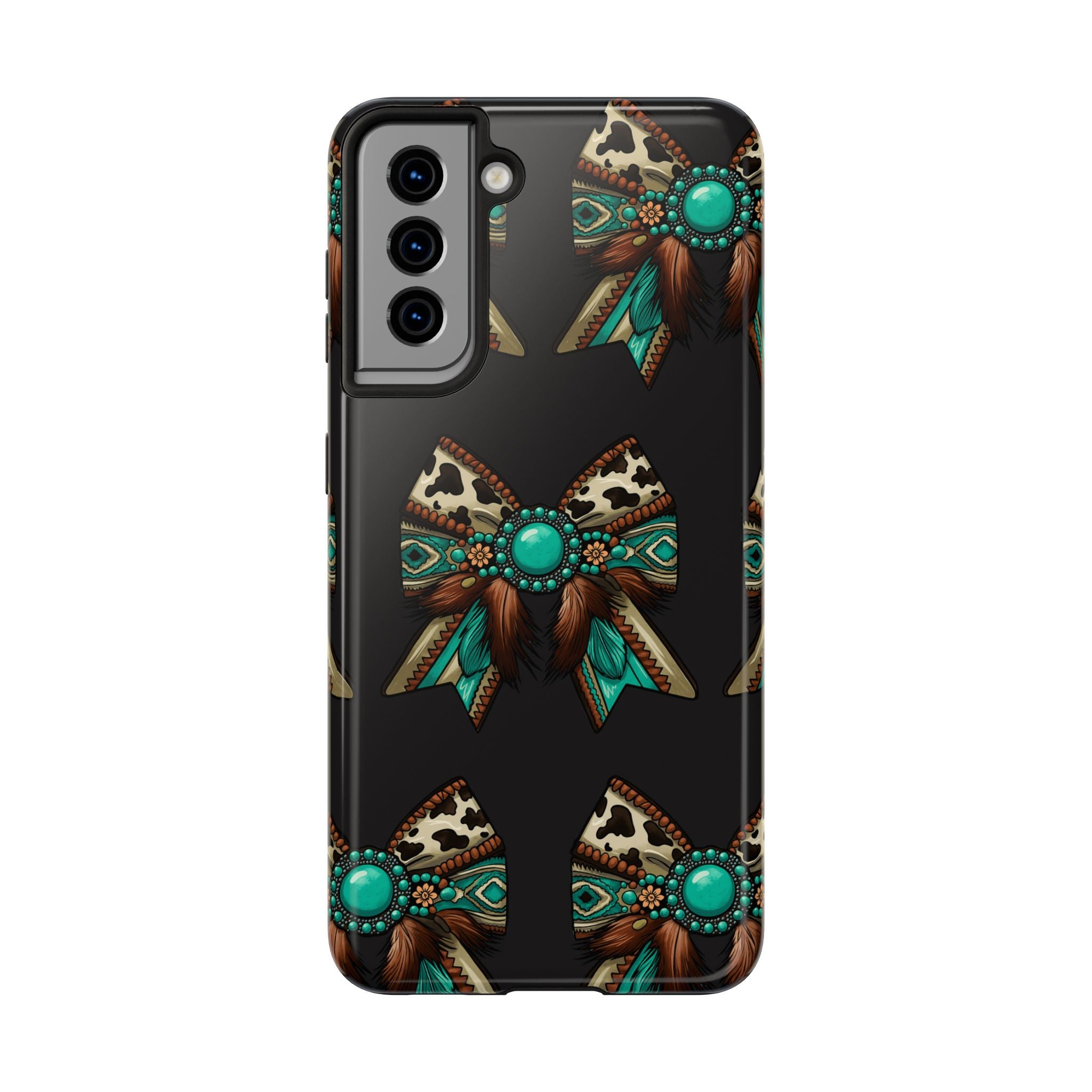 Turquoise Western Bow Tough Phone Case – Cowhide, Feathers & Bead Pattern