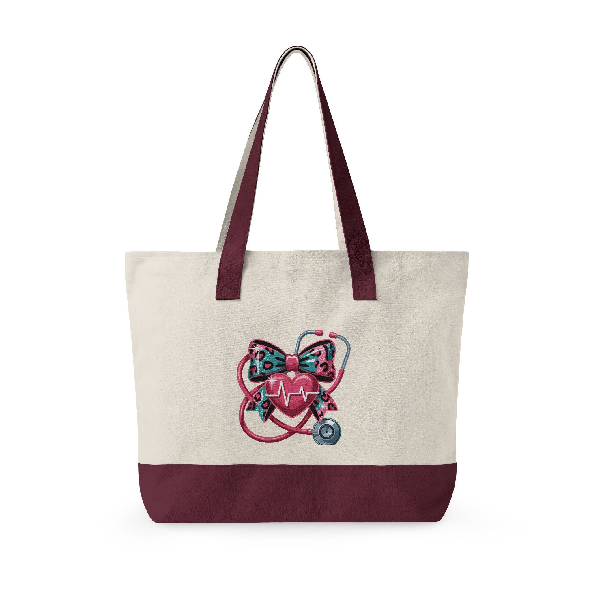 Nurse Heart Stethoscope Canvas Tote — Zippered Medical Tote Bag
