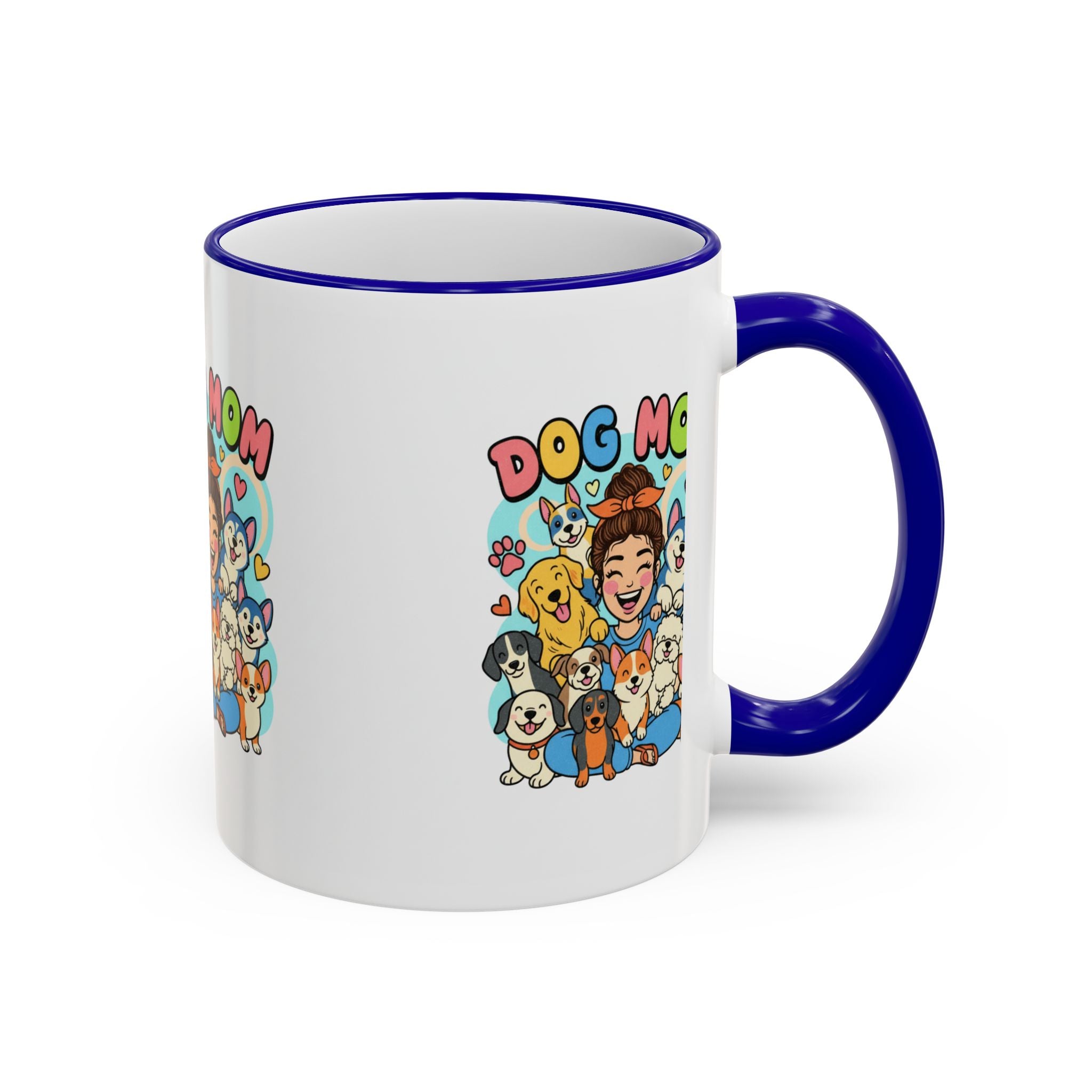 Dog Mom Mug — Cute Cartoon Dogs Accent Rim & Handle Coffee Cup (11oz/15oz)