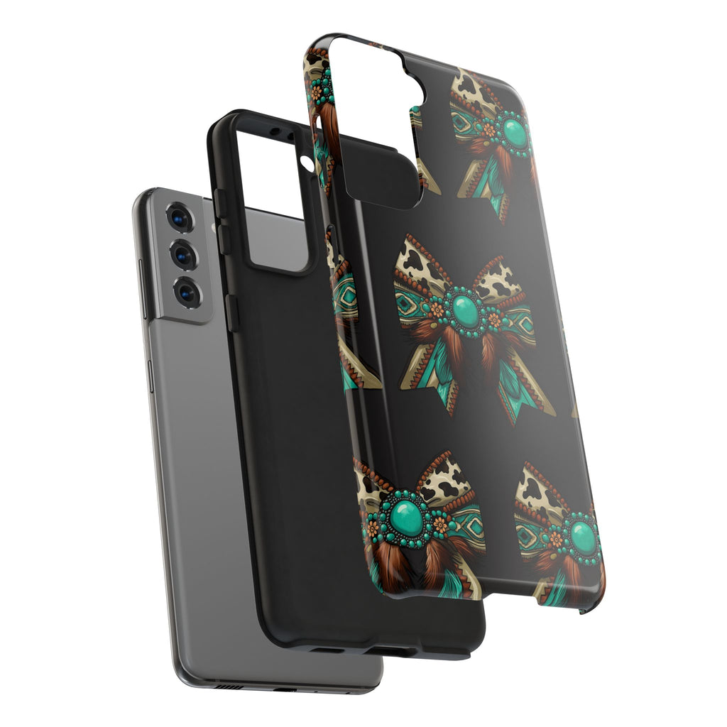 Turquoise Western Bow Tough Phone Case – Cowhide, Feathers & Bead Pattern