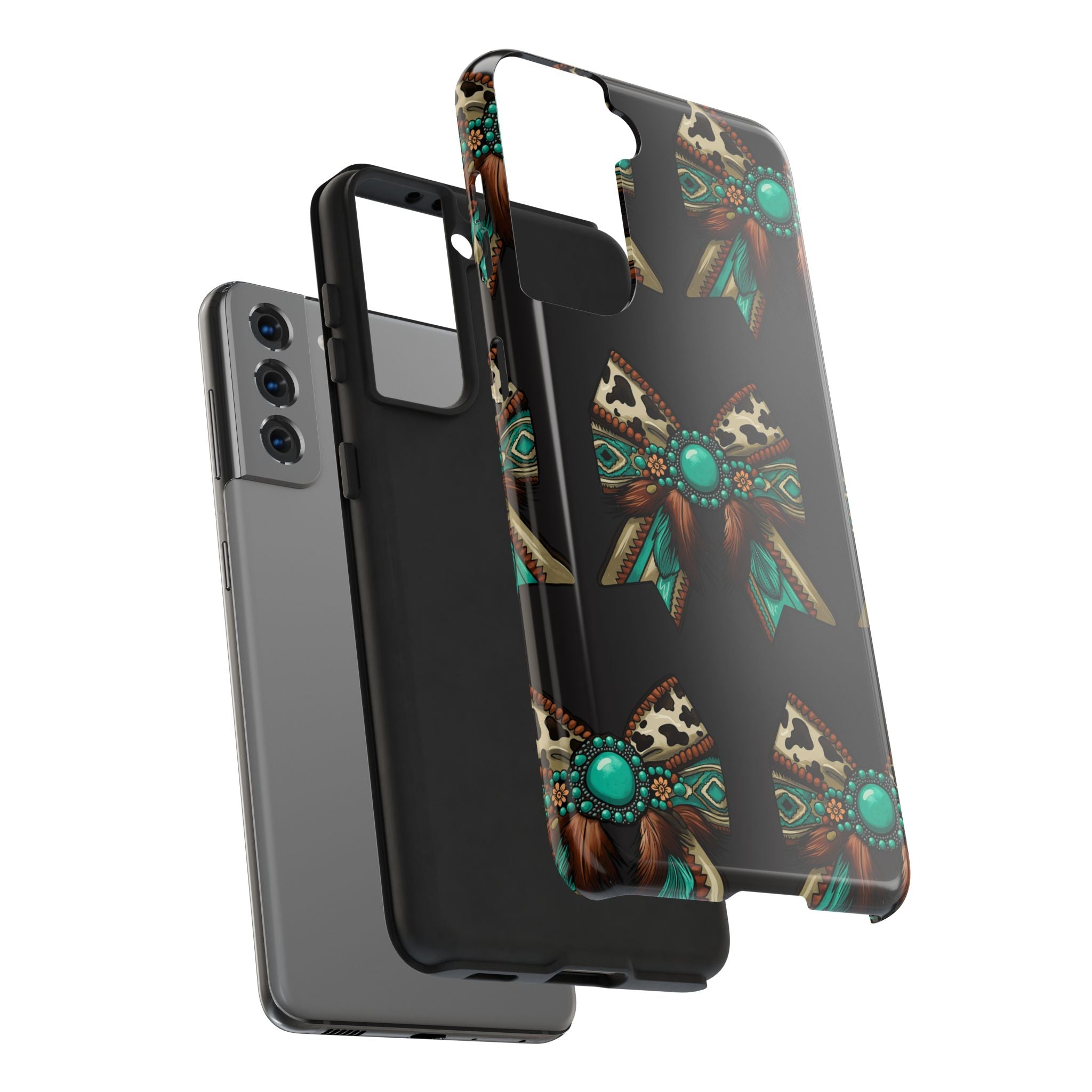 Turquoise Western Bow Tough Phone Case – Cowhide, Feathers & Bead Pattern