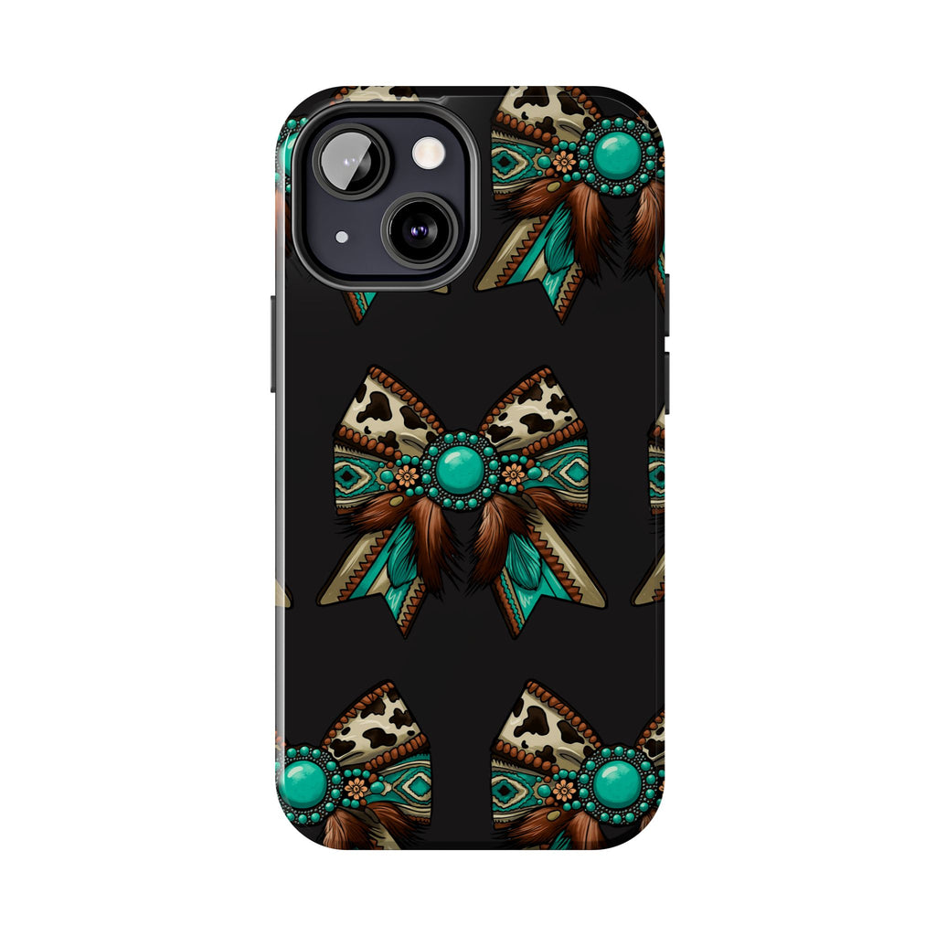 Turquoise Western Bow Tough Phone Case – Cowhide, Feathers & Bead Pattern