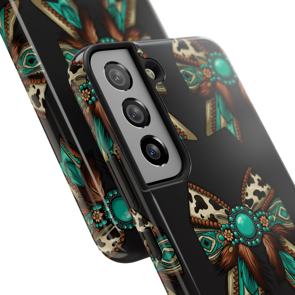 Turquoise Western Bow Tough Phone Case – Cowhide, Feathers & Bead Pattern