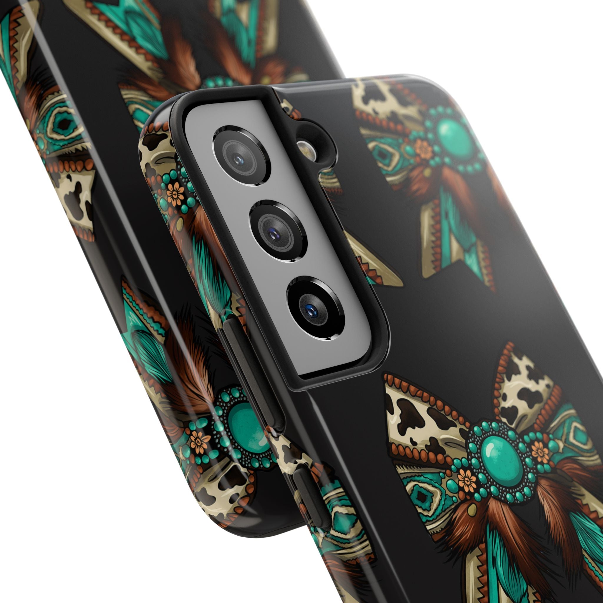 Turquoise Western Bow Tough Phone Case – Cowhide, Feathers & Bead Pattern