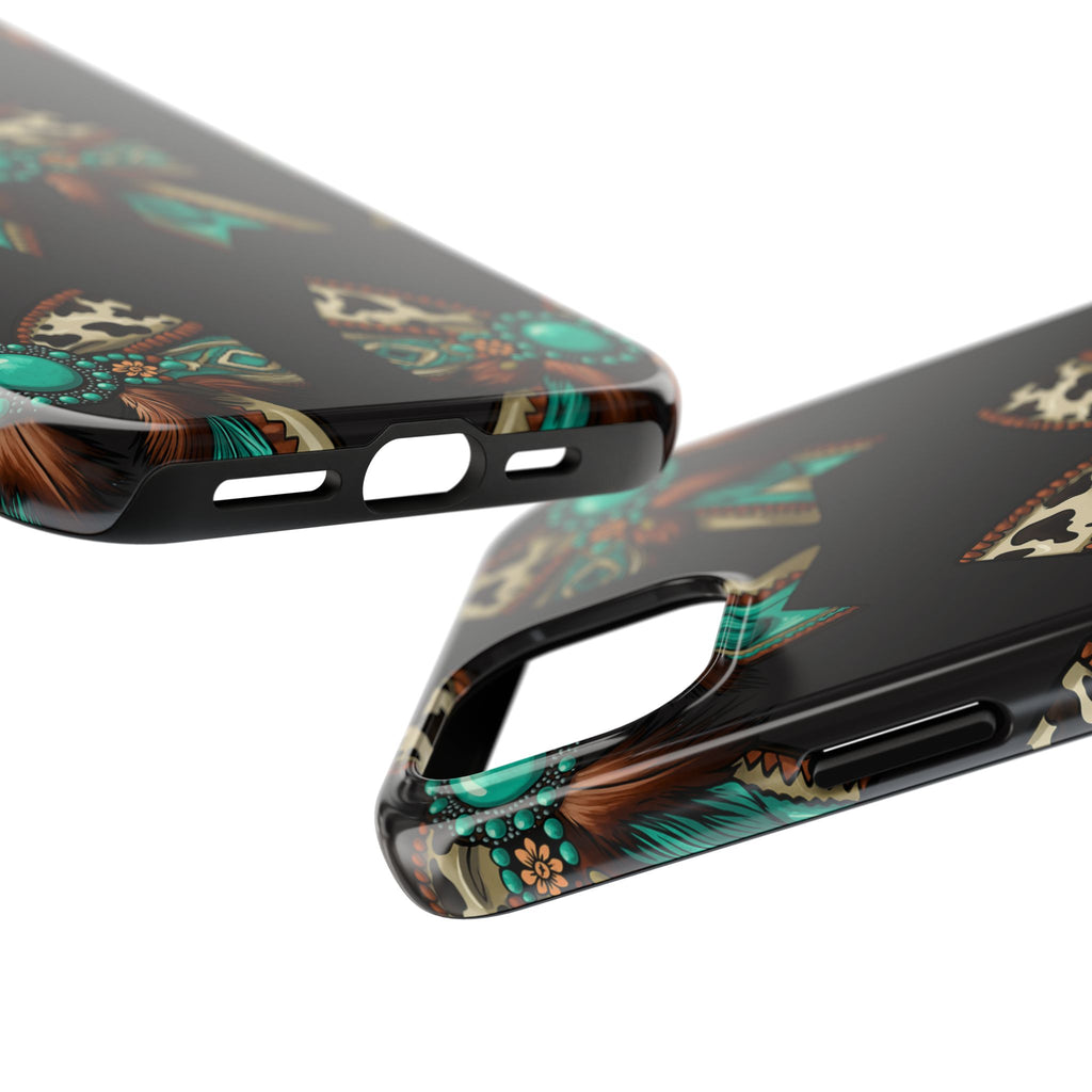 Turquoise Western Bow Tough Phone Case – Cowhide, Feathers & Bead Pattern