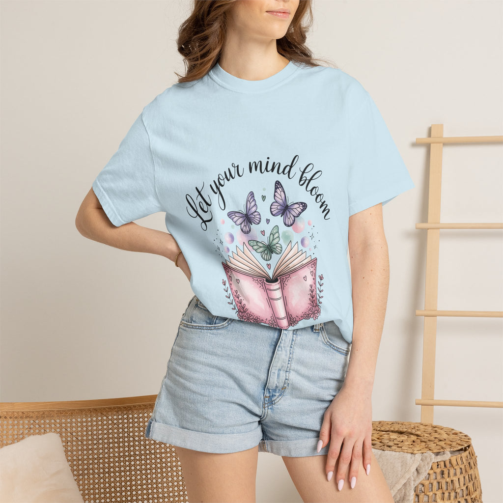 T-Shirt — “Let Your Mind Bloom” Book & Butterflies Graphic Tee