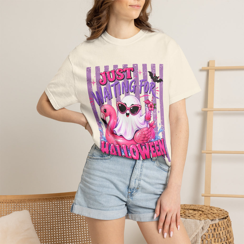 Just Waiting for Halloween T-Shirt — Cute Flamingo Ghost Halloween Tee