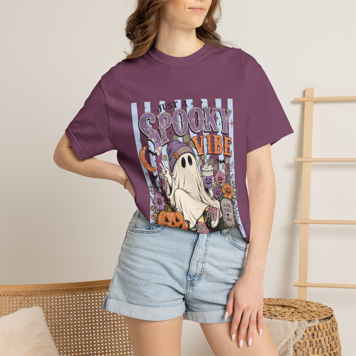Spooky Vibe Ghost Tee — Halloween Pumpkin Graveyard Graphic T-Shirt