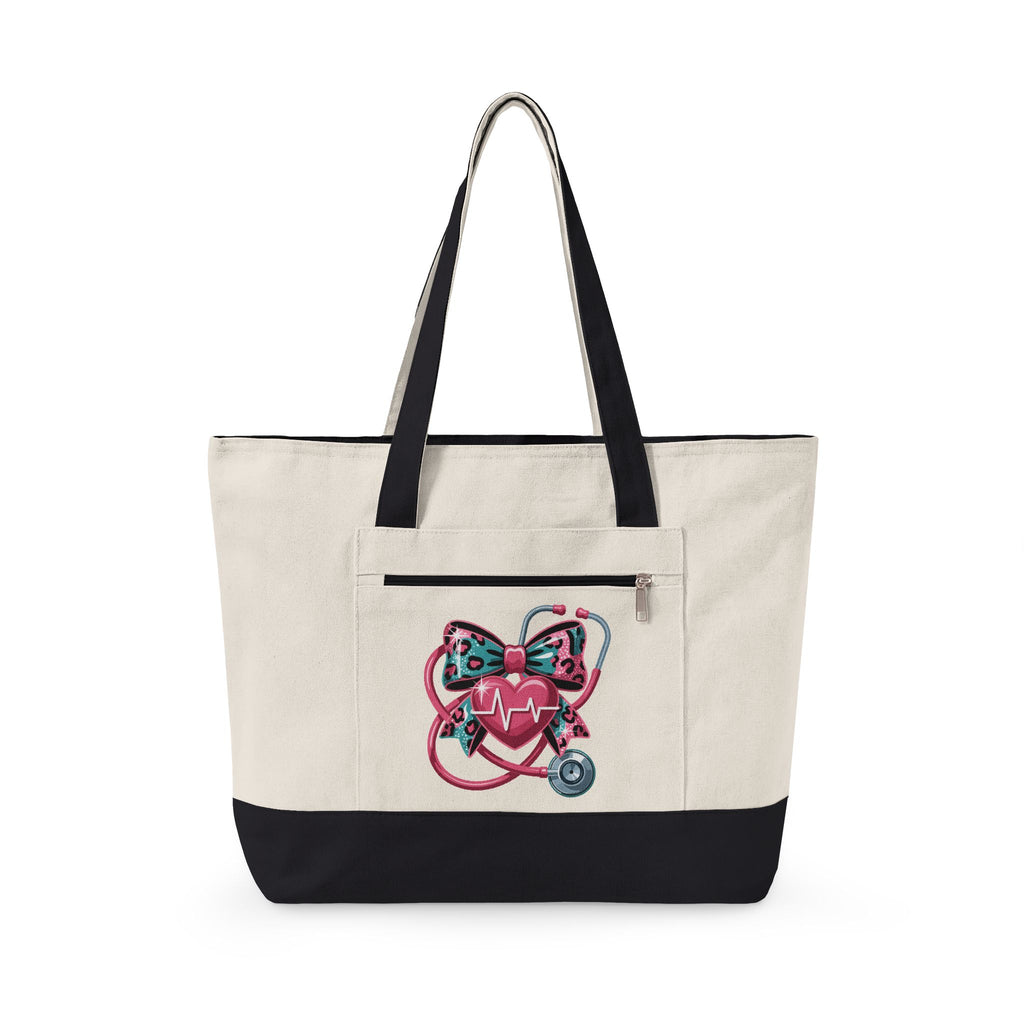 Nurse Heart Stethoscope Canvas Tote — Zippered Medical Tote Bag