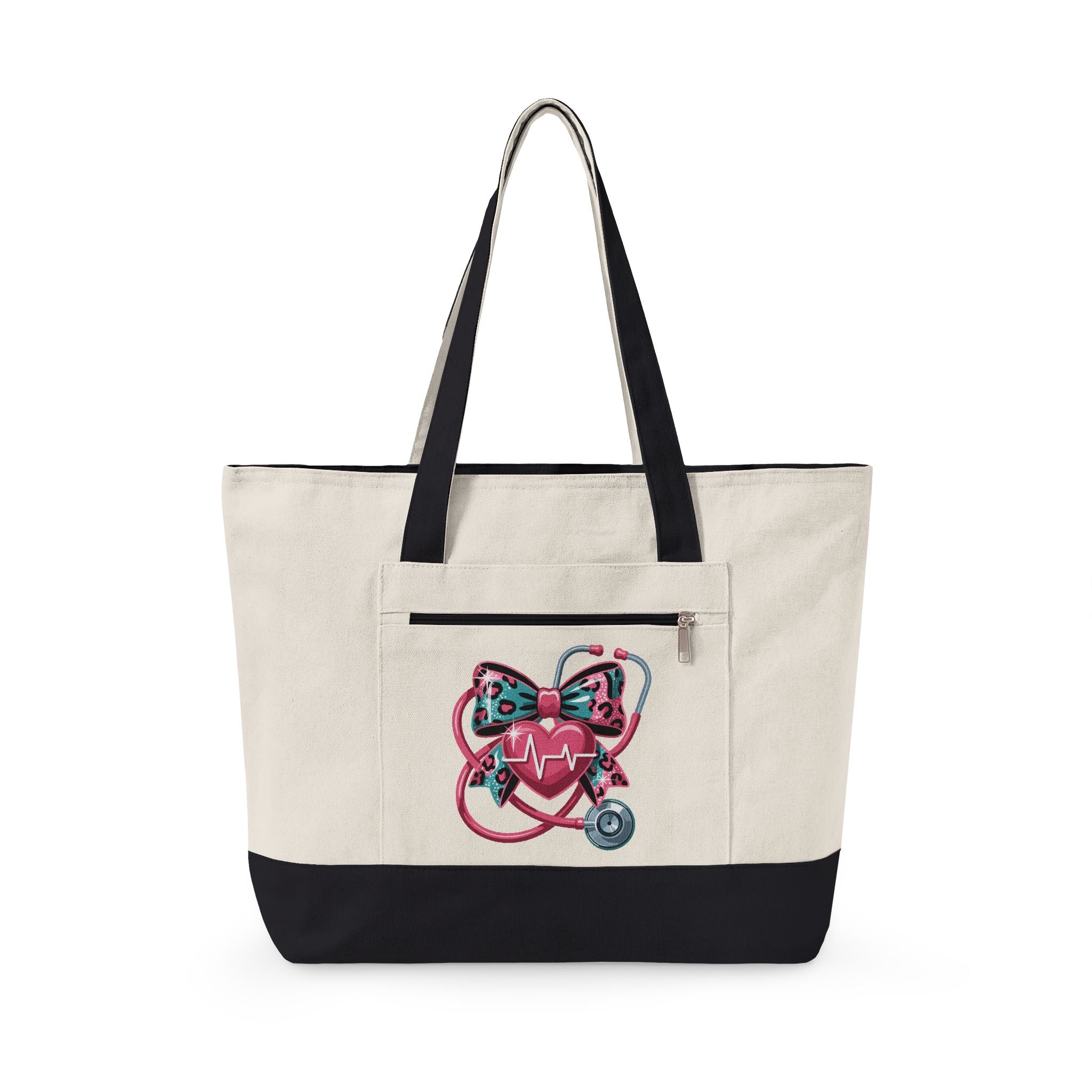 Nurse Heart Stethoscope Canvas Tote — Zippered Medical Tote Bag
