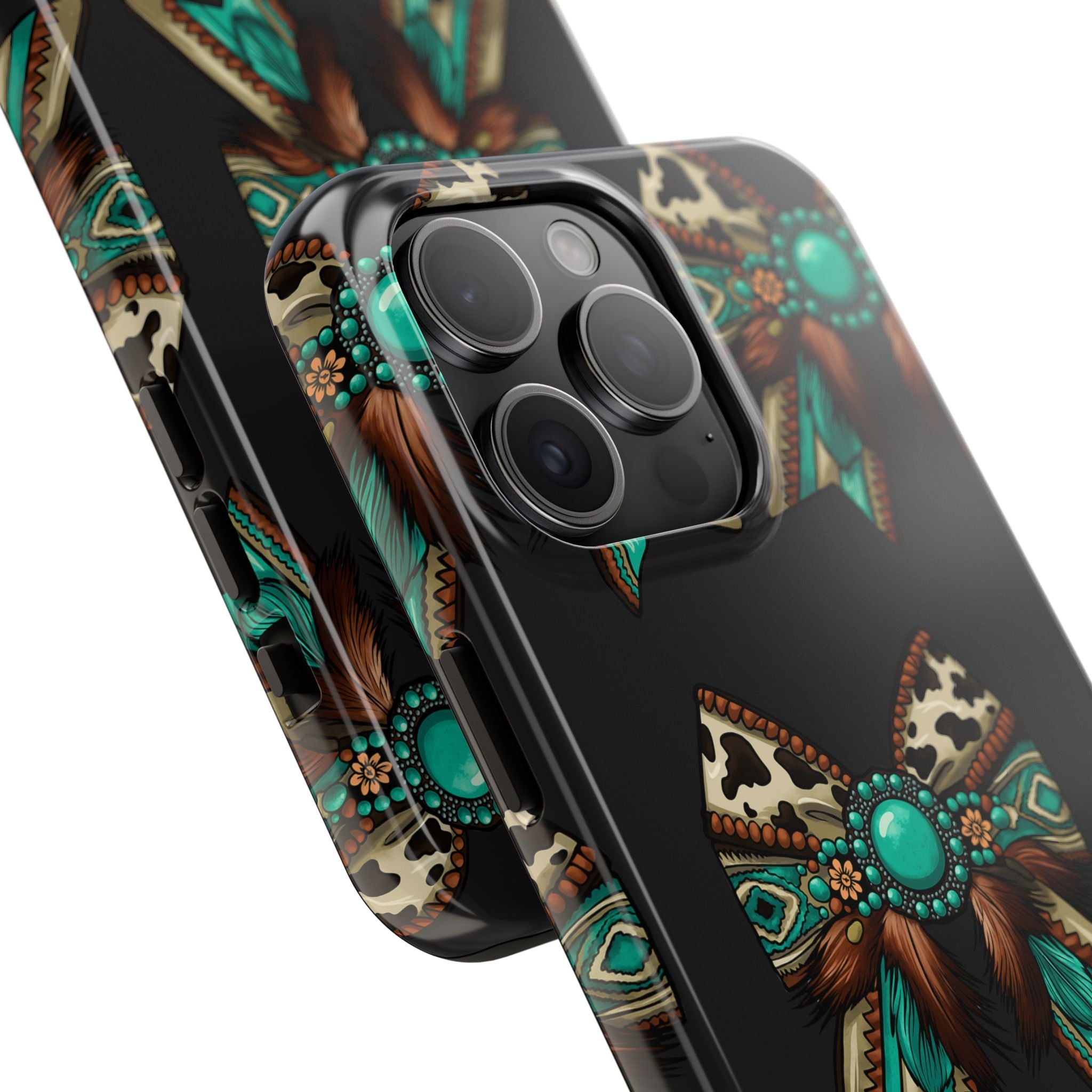 Turquoise Western Bow Tough Phone Case – Cowhide, Feathers & Bead Pattern
