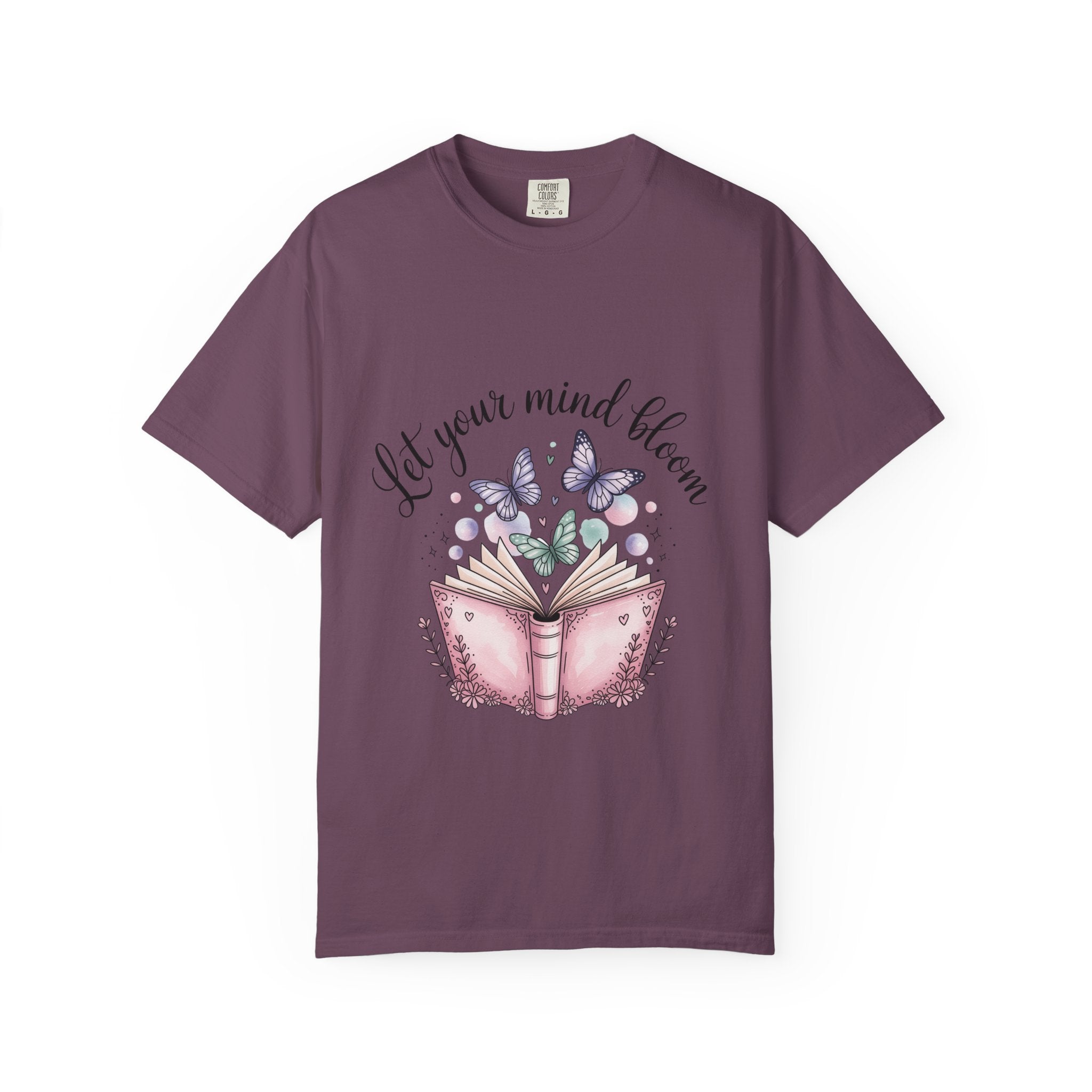 T-Shirt — “Let Your Mind Bloom” Book & Butterflies Graphic Tee