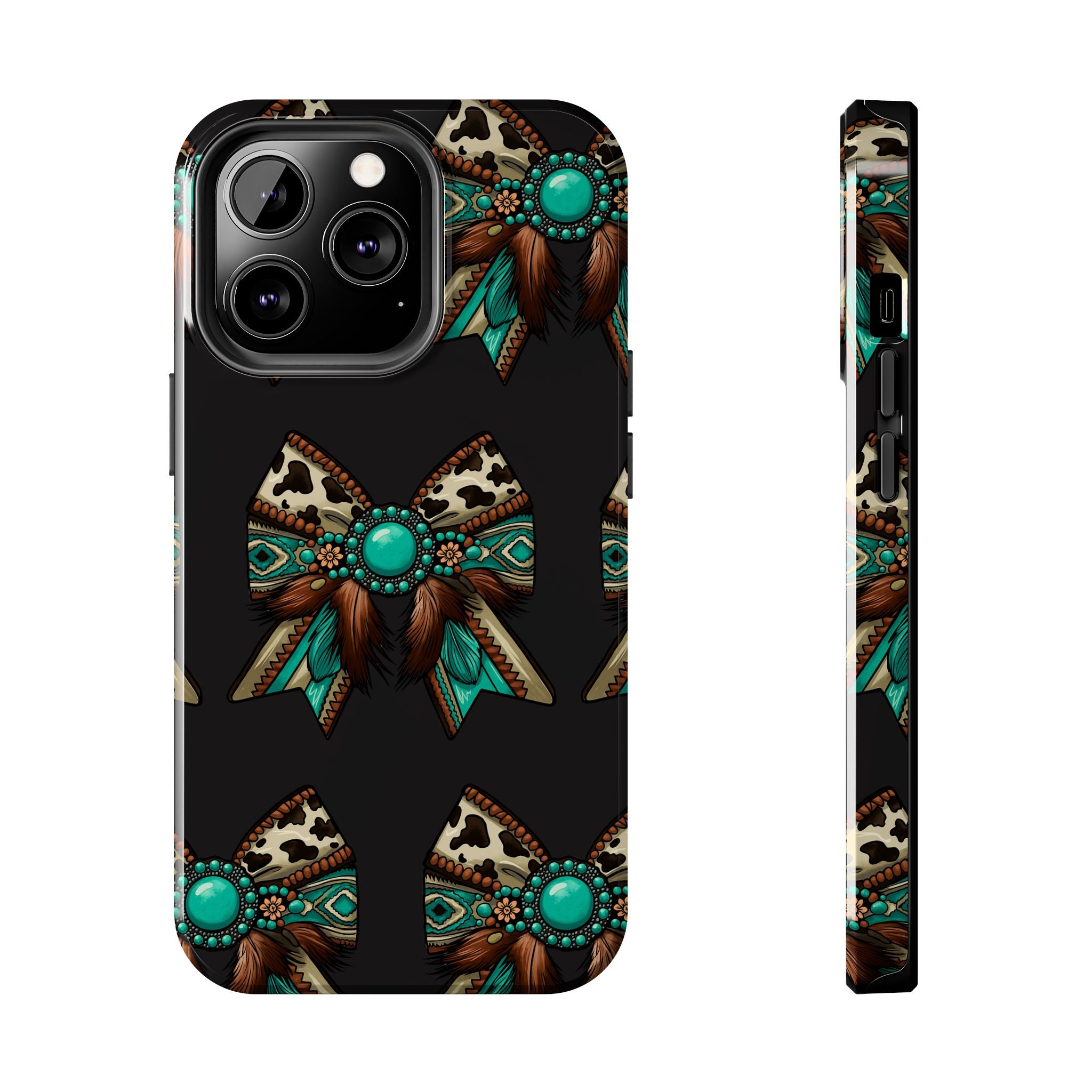 Turquoise Western Bow Tough Phone Case – Cowhide, Feathers & Bead Pattern