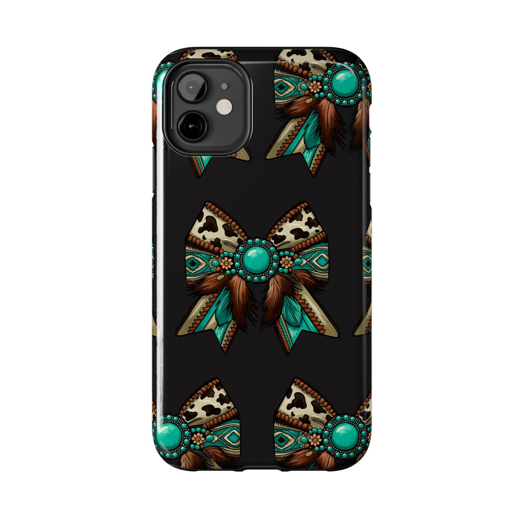 Turquoise Western Bow Tough Phone Case – Cowhide, Feathers & Bead Pattern