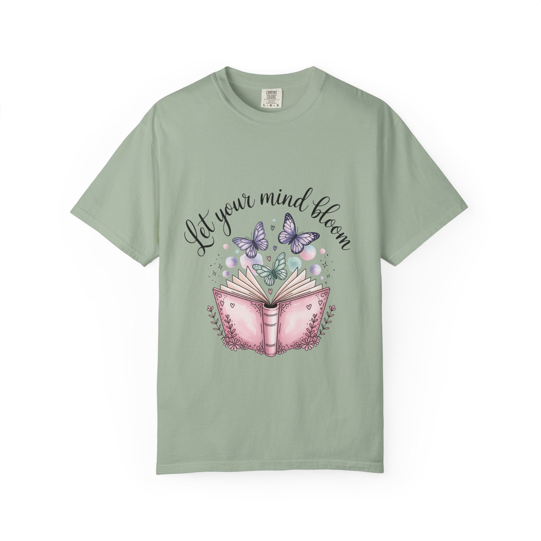 T-Shirt — “Let Your Mind Bloom” Book & Butterflies Graphic Tee