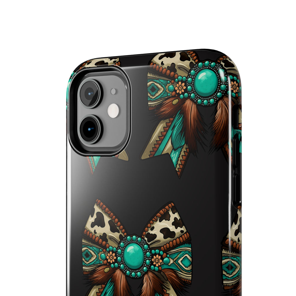 Turquoise Western Bow Tough Phone Case – Cowhide, Feathers & Bead Pattern