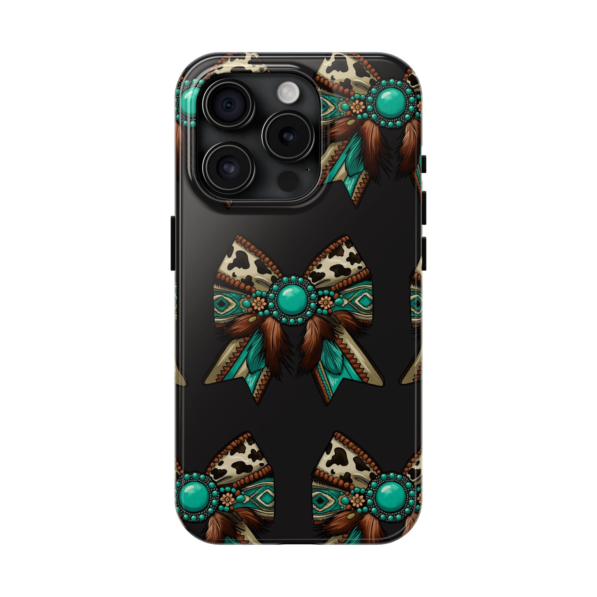 Turquoise Western Bow Tough Phone Case – Cowhide, Feathers & Bead Pattern