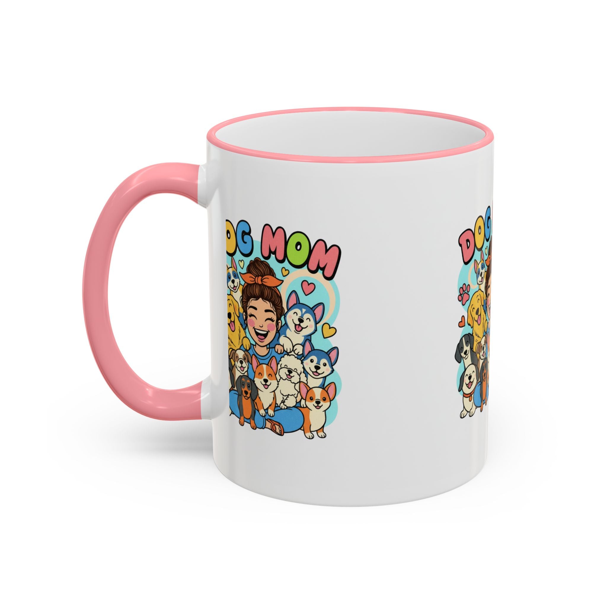 Dog Mom Mug — Cute Cartoon Dogs Accent Rim & Handle Coffee Cup (11oz/15oz)
