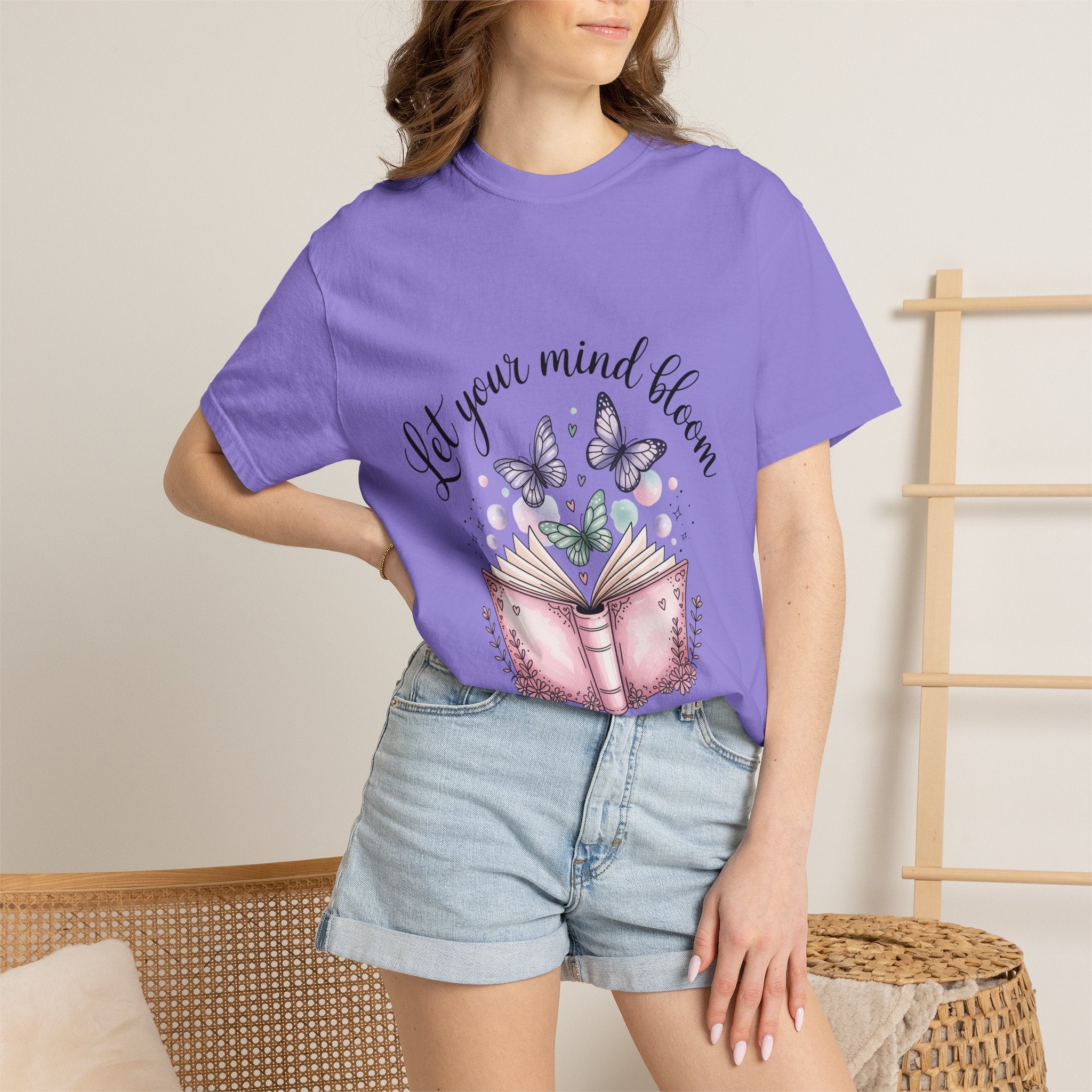T-Shirt — “Let Your Mind Bloom” Book & Butterflies Graphic Tee