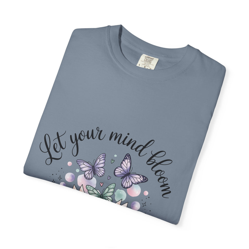 T-Shirt — “Let Your Mind Bloom” Book & Butterflies Graphic Tee