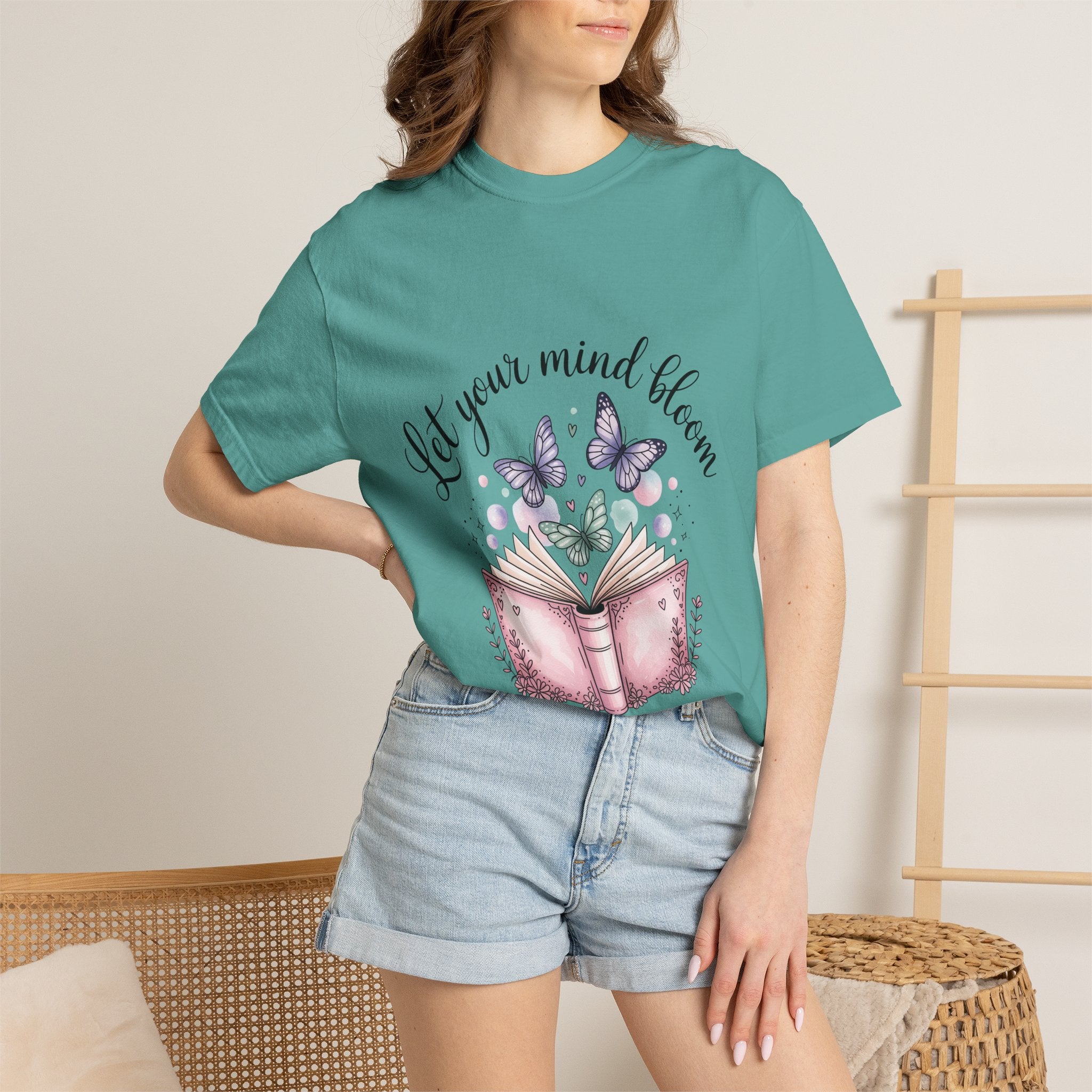 T-Shirt — “Let Your Mind Bloom” Book & Butterflies Graphic Tee