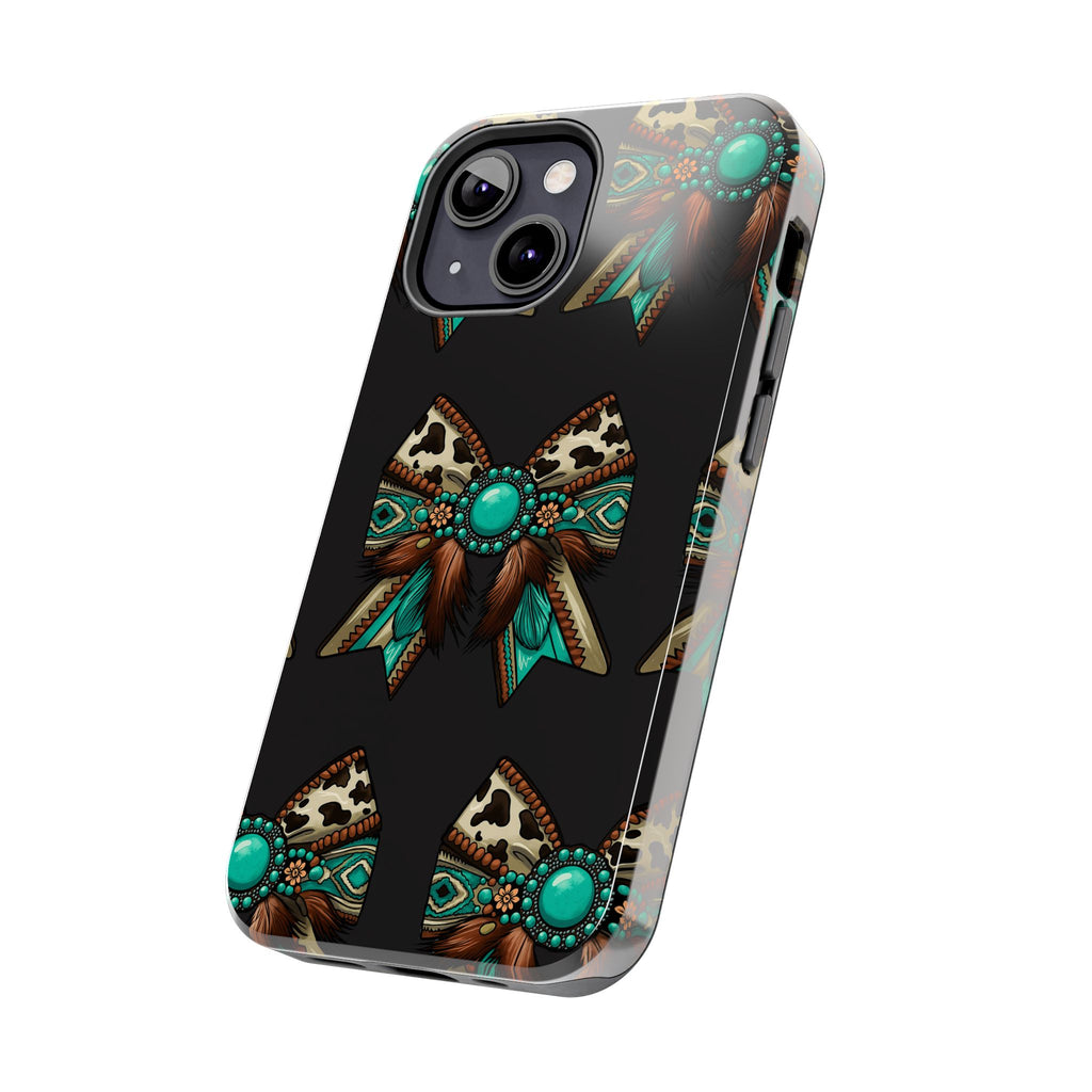 Turquoise Western Bow Tough Phone Case – Cowhide, Feathers & Bead Pattern