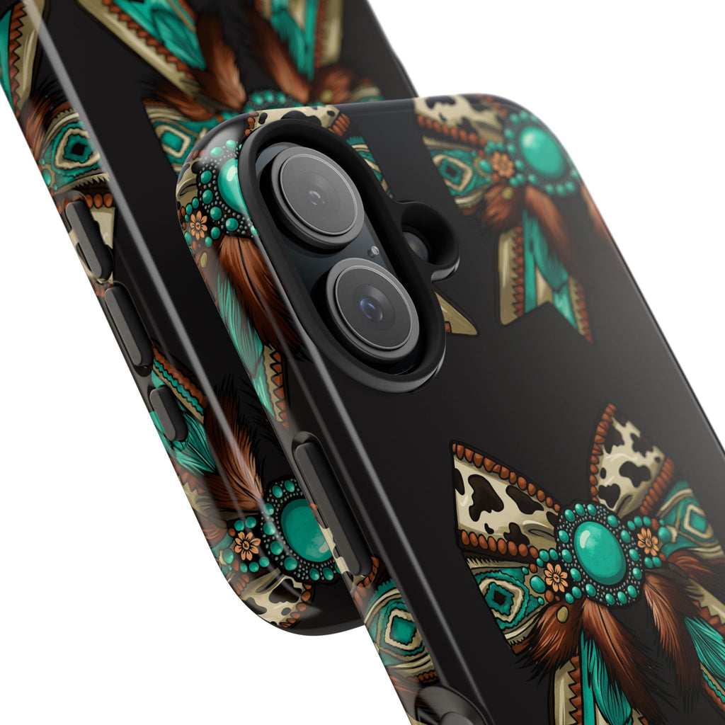 Turquoise Western Bow Tough Phone Case – Cowhide, Feathers & Bead Pattern
