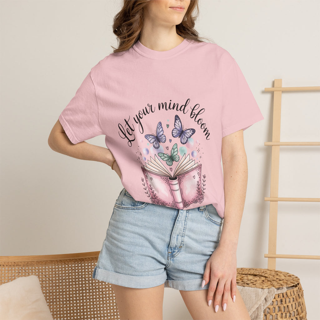 T-Shirt — “Let Your Mind Bloom” Book & Butterflies Graphic Tee