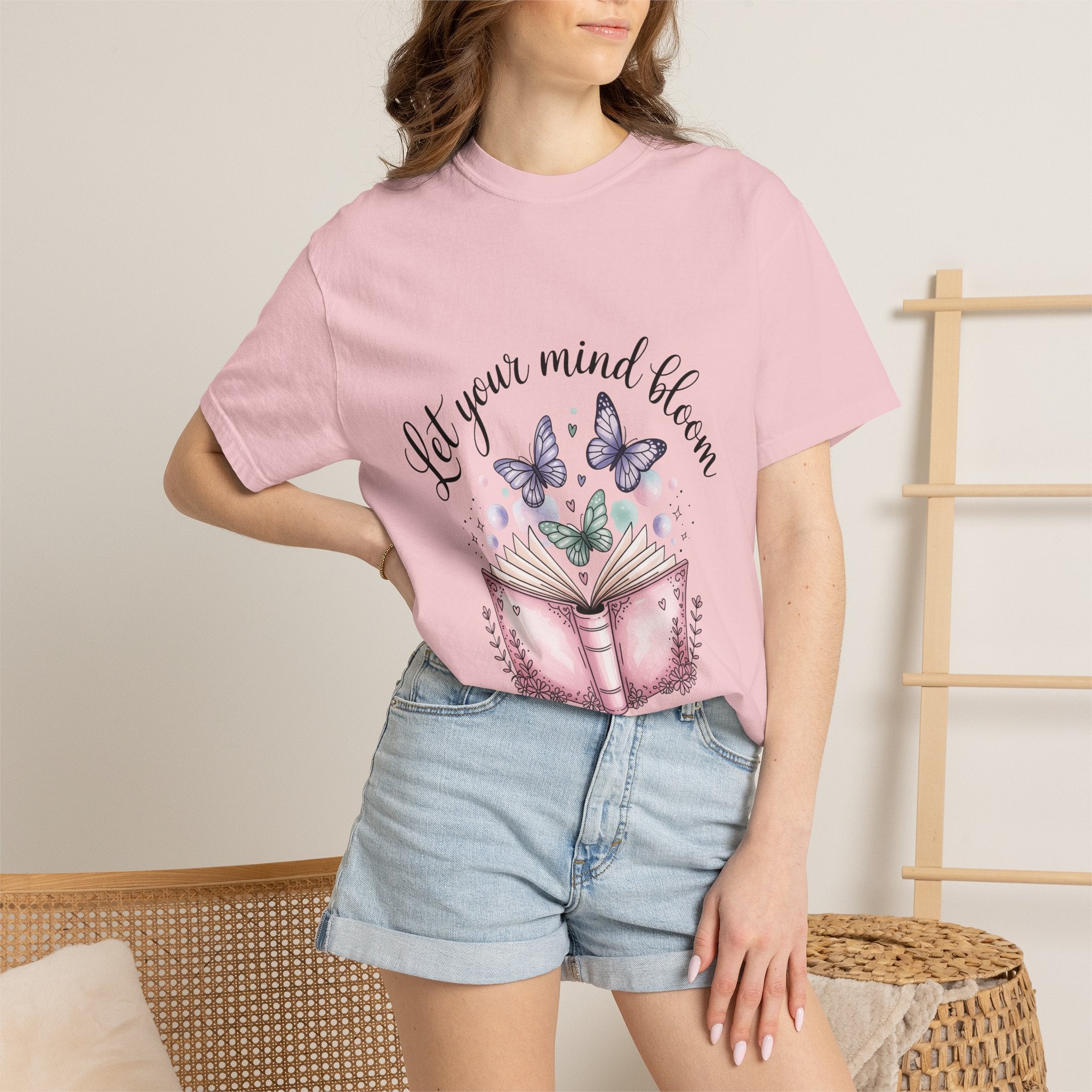 T-Shirt — “Let Your Mind Bloom” Book & Butterflies Graphic Tee