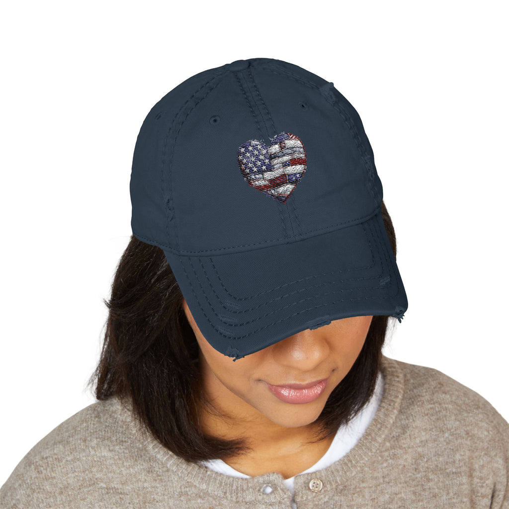 Patriotic Distressed Dad Hat — Embroidered American Flag Heart