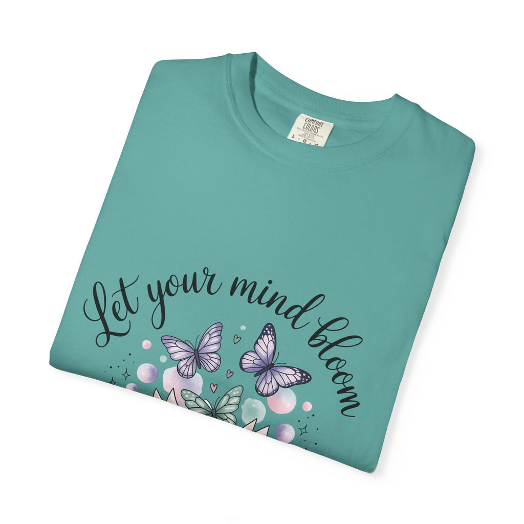 T-Shirt — “Let Your Mind Bloom” Book & Butterflies Graphic Tee