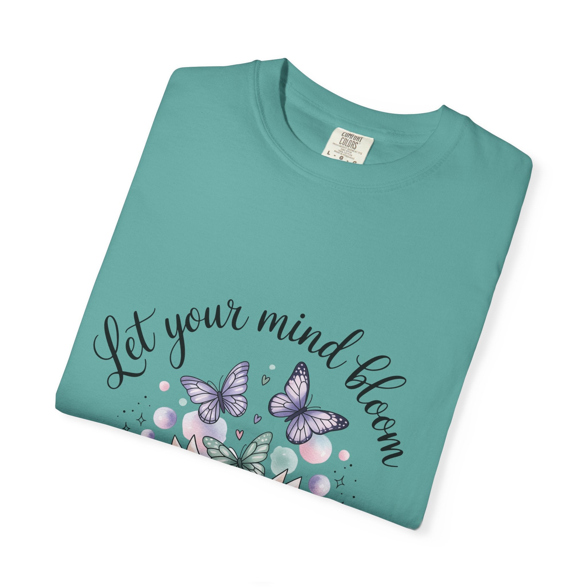 T-Shirt — “Let Your Mind Bloom” Book & Butterflies Graphic Tee