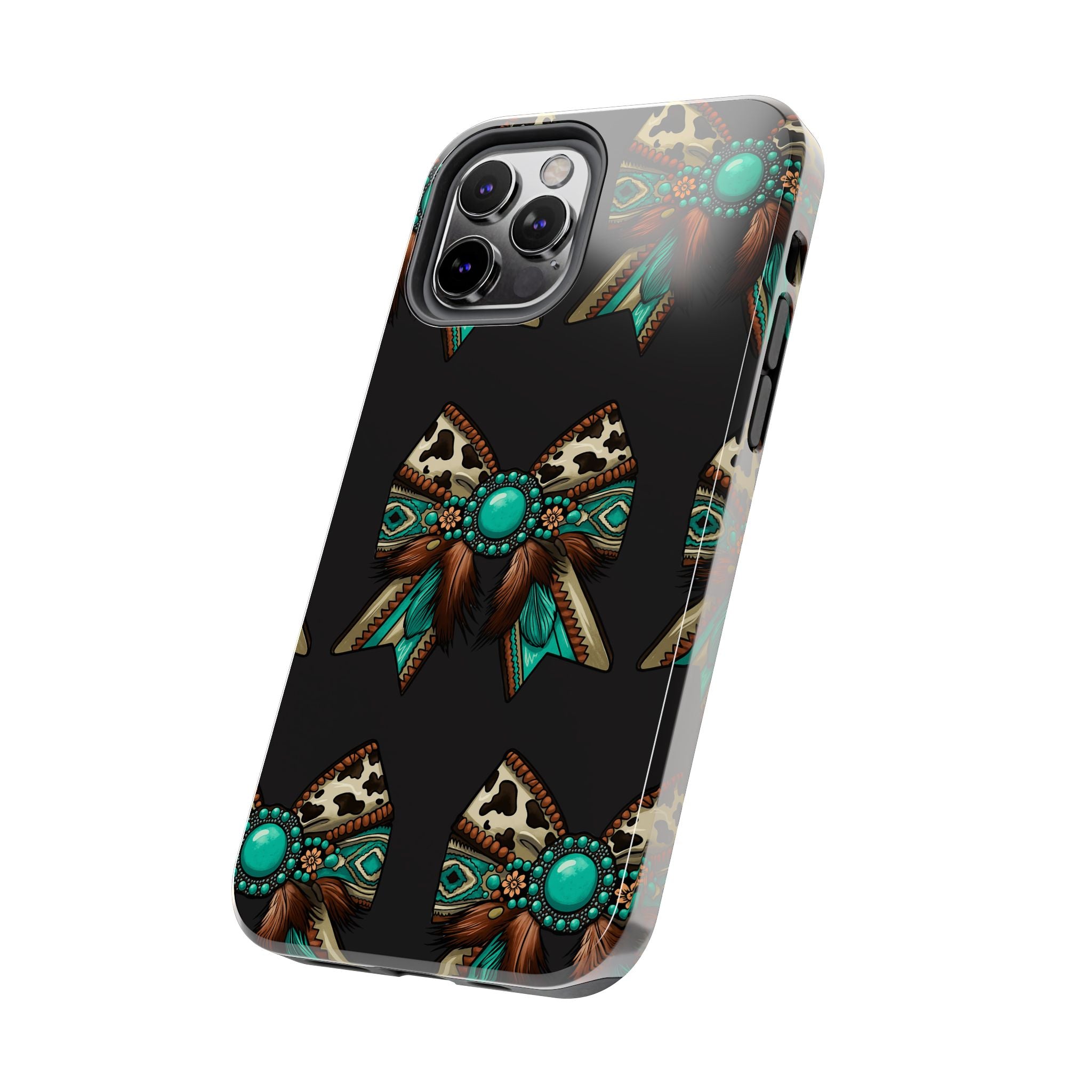 Turquoise Western Bow Tough Phone Case – Cowhide, Feathers & Bead Pattern