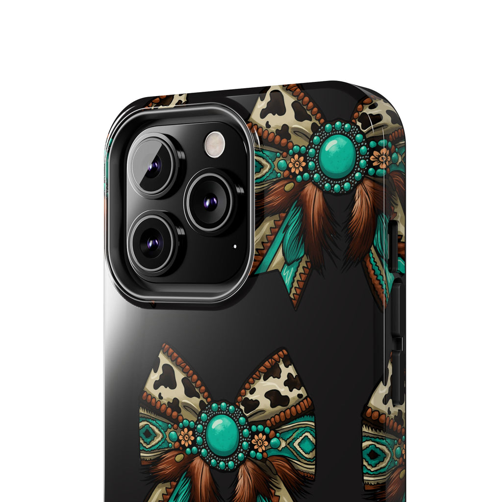 Turquoise Western Bow Tough Phone Case – Cowhide, Feathers & Bead Pattern