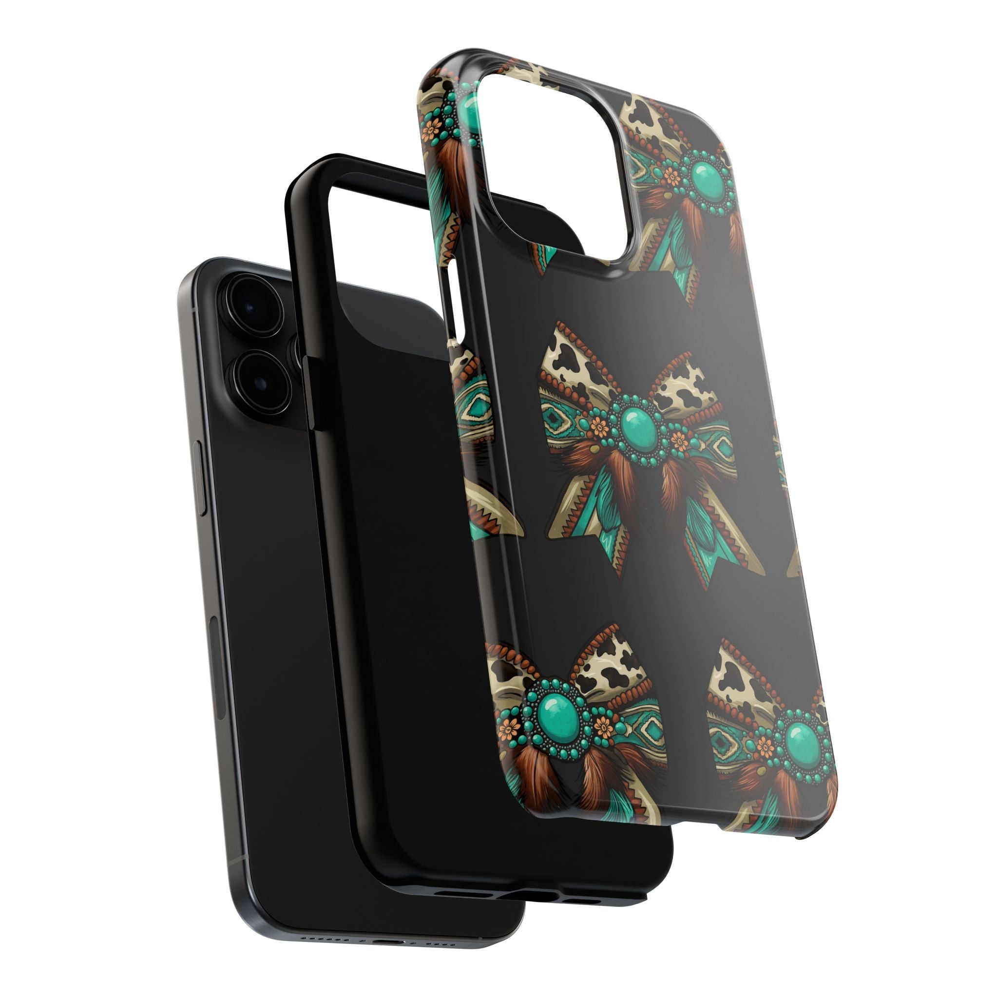 Turquoise Western Bow Tough Phone Case – Cowhide, Feathers & Bead Pattern