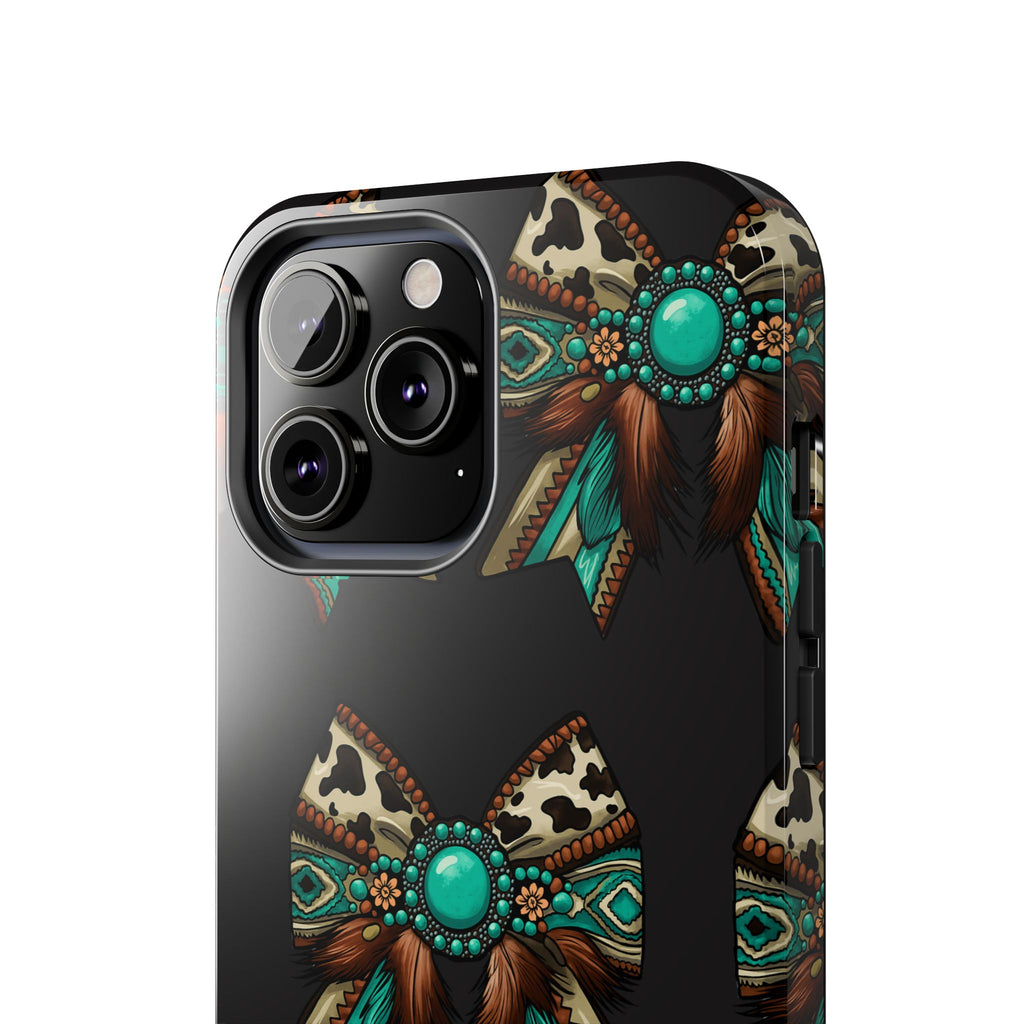 Turquoise Western Bow Tough Phone Case – Cowhide, Feathers & Bead Pattern